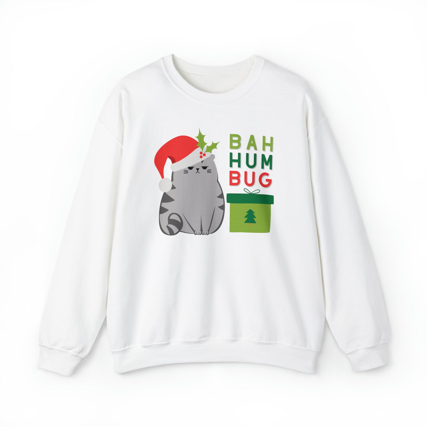 white grumpy grouchy surly cat feline Christmas festive holiday bah hum bug women men unisex sweatshirt sweater