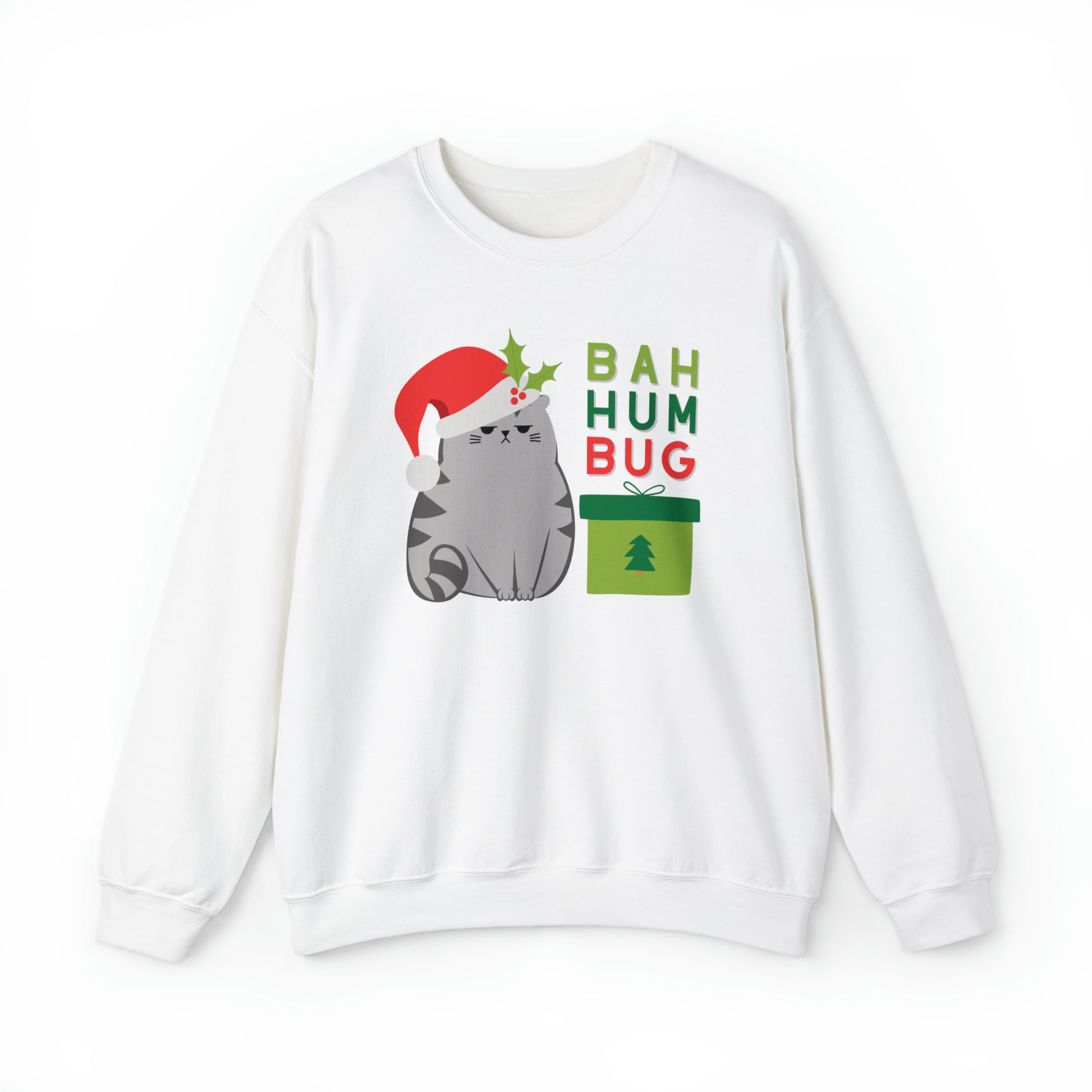 white grumpy grouchy surly cat feline Christmas festive holiday bah hum bug women men unisex sweatshirt sweater