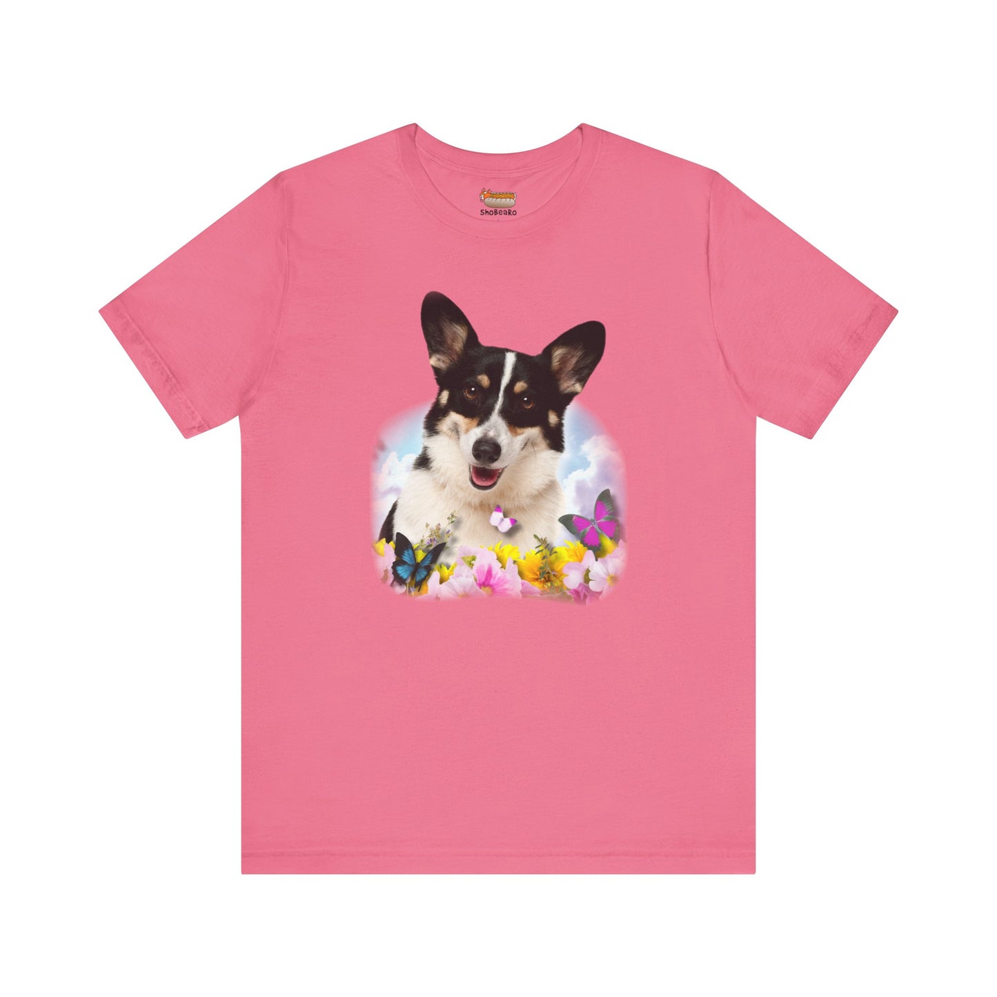 pink salmon corgi t-shirt summer spring flowers butterflies woman man shirt