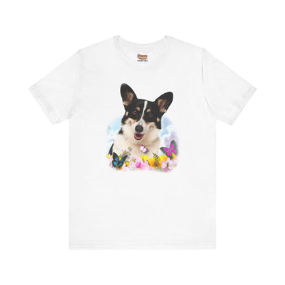 white corgi t-shirt summer spring flowers butterflies woman man shirt