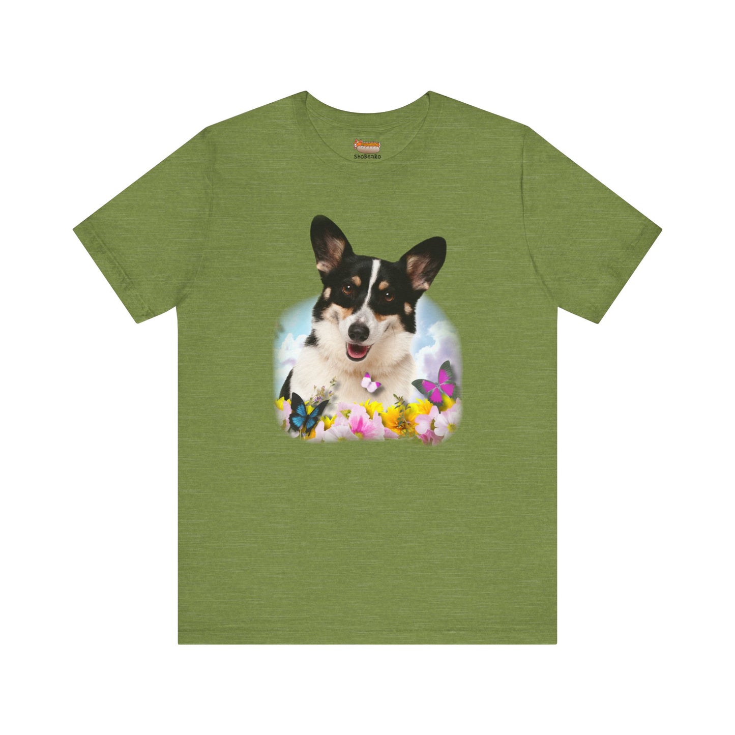 green corgi t-shirt summer spring flowers butterflies woman man shirt