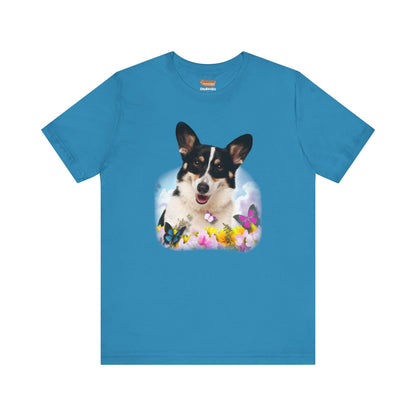 blue teal corgi t-shirt summer spring flowers butterflies woman man shirt