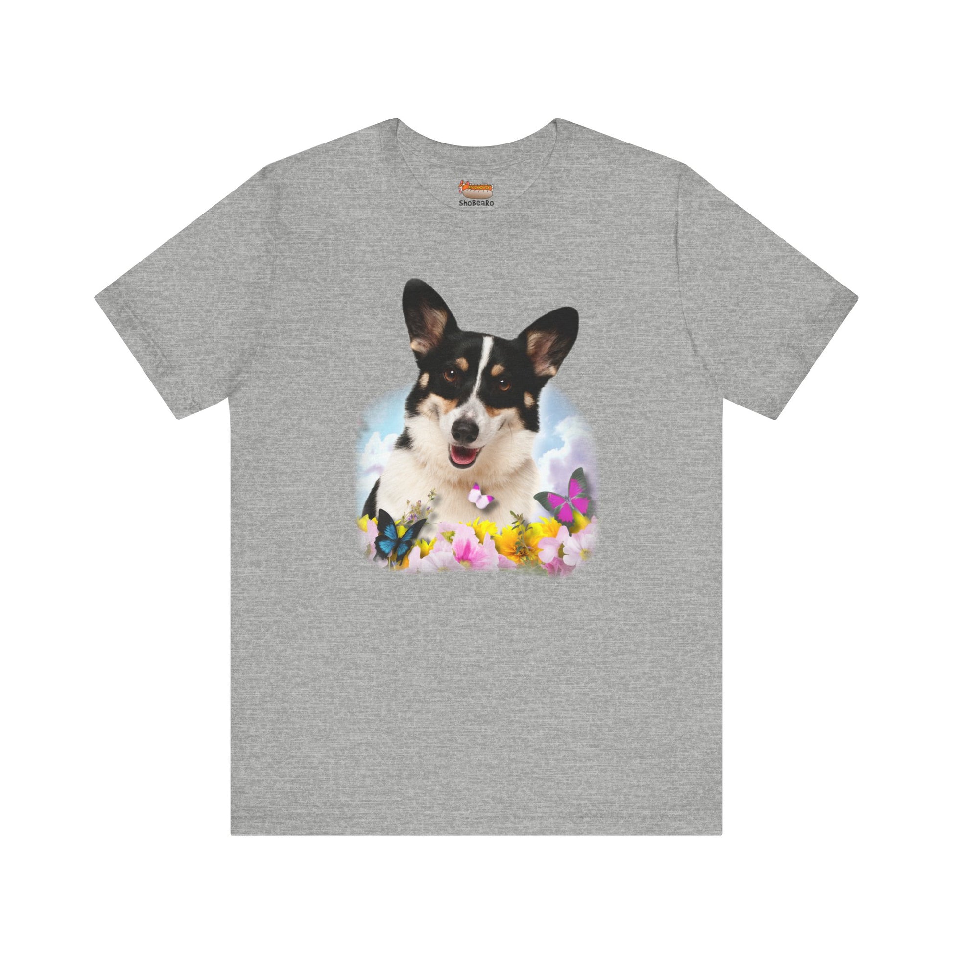 gray corgi t-shirt summer spring flowers butterflies woman man shirt