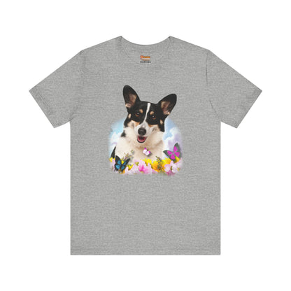 gray corgi t-shirt summer spring flowers butterflies woman man shirt