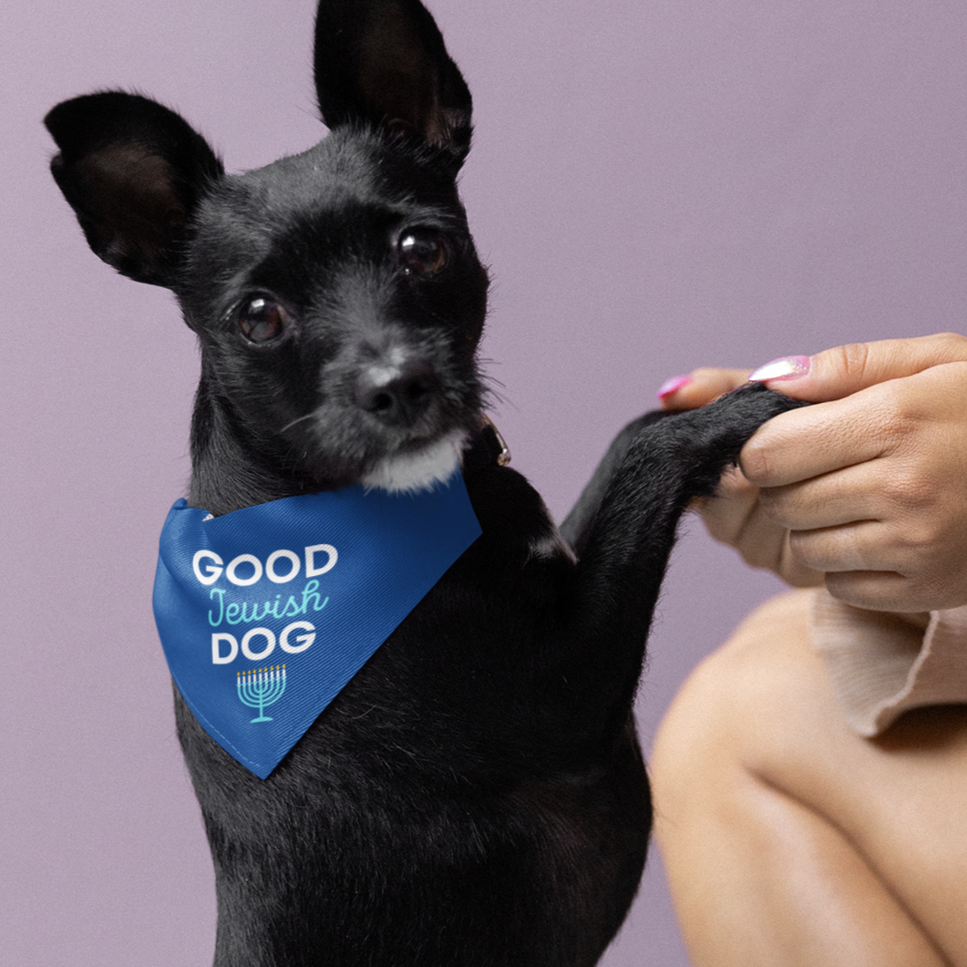 Dog Bandana Good Jewish Dog Hanukkah holiday blue Menorah candle Passover rosh hashanah yom kippur shavuot