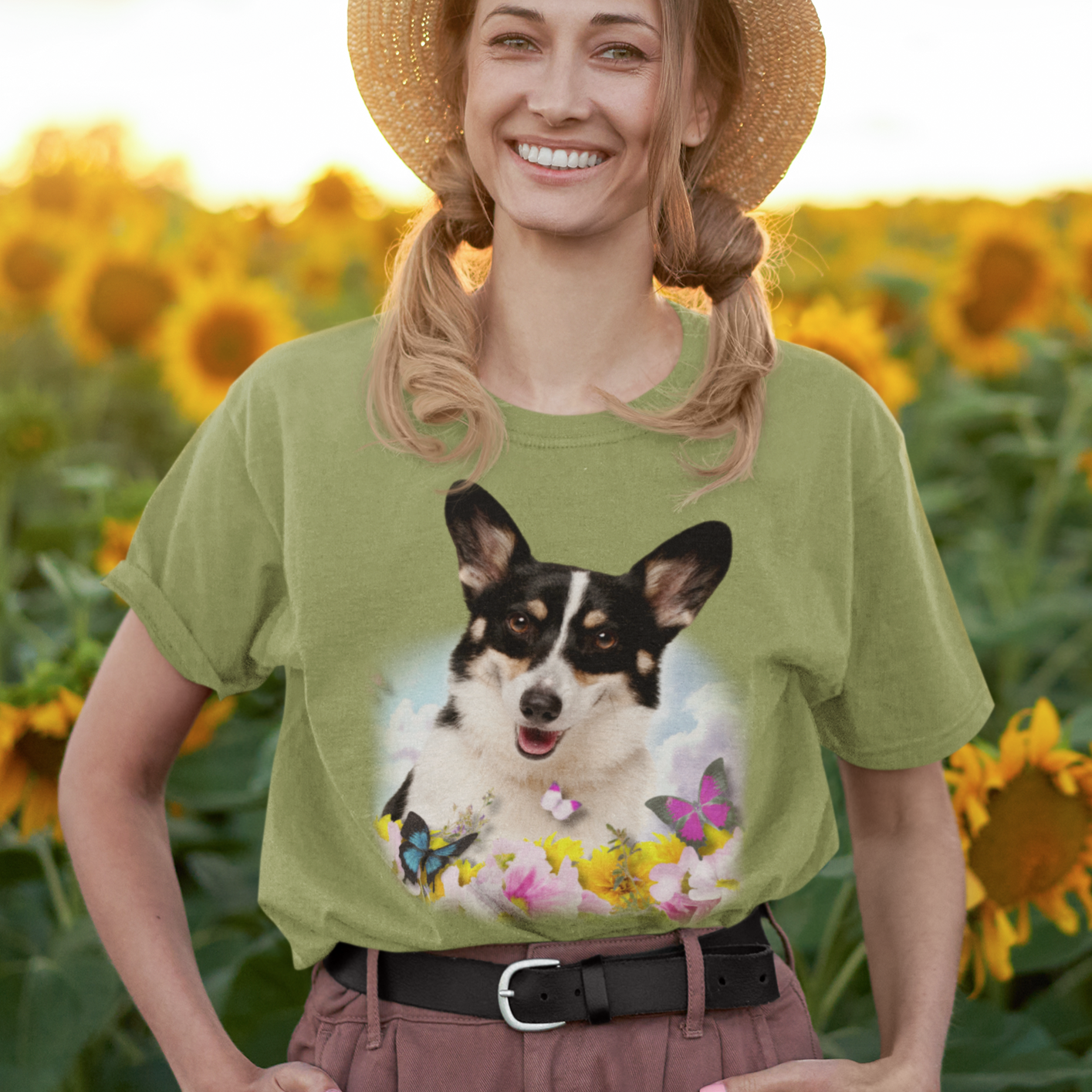 corgi t-shirt summer spring flowers butterflies woman man shirt