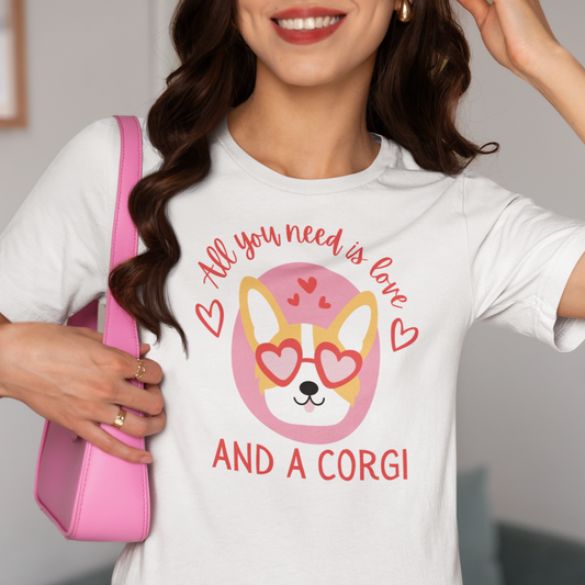 Valentine Corgi all you need is Love Beatles women men t-shirt unisex short sleeve shirt heart